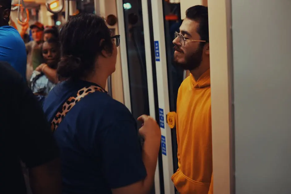 People interacting inside a Detroit metro train, an urban public transportation scene.