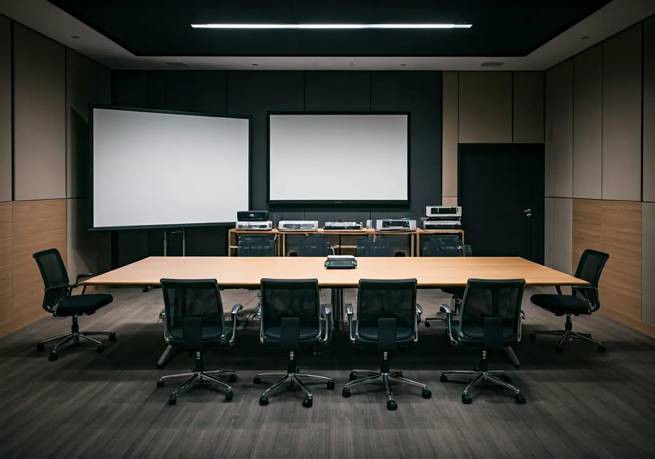 A sleek conference room filled with high-tech audio-visual equipment. 35mm stock photo