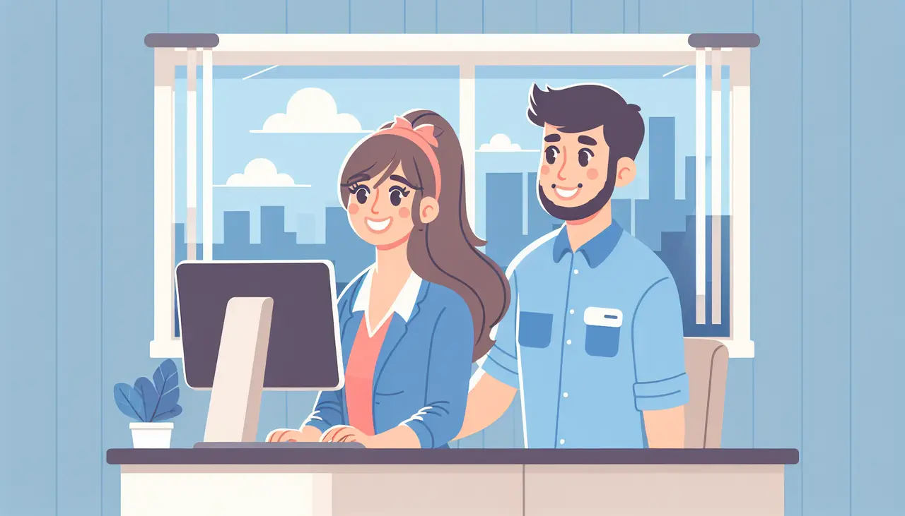 Draw a graphic in flat design style. A flat design illustration of a small business owner in an office smiling while a friendly IT support technician assists with their computer issues, with cityscape of Orange County subtly in the background.