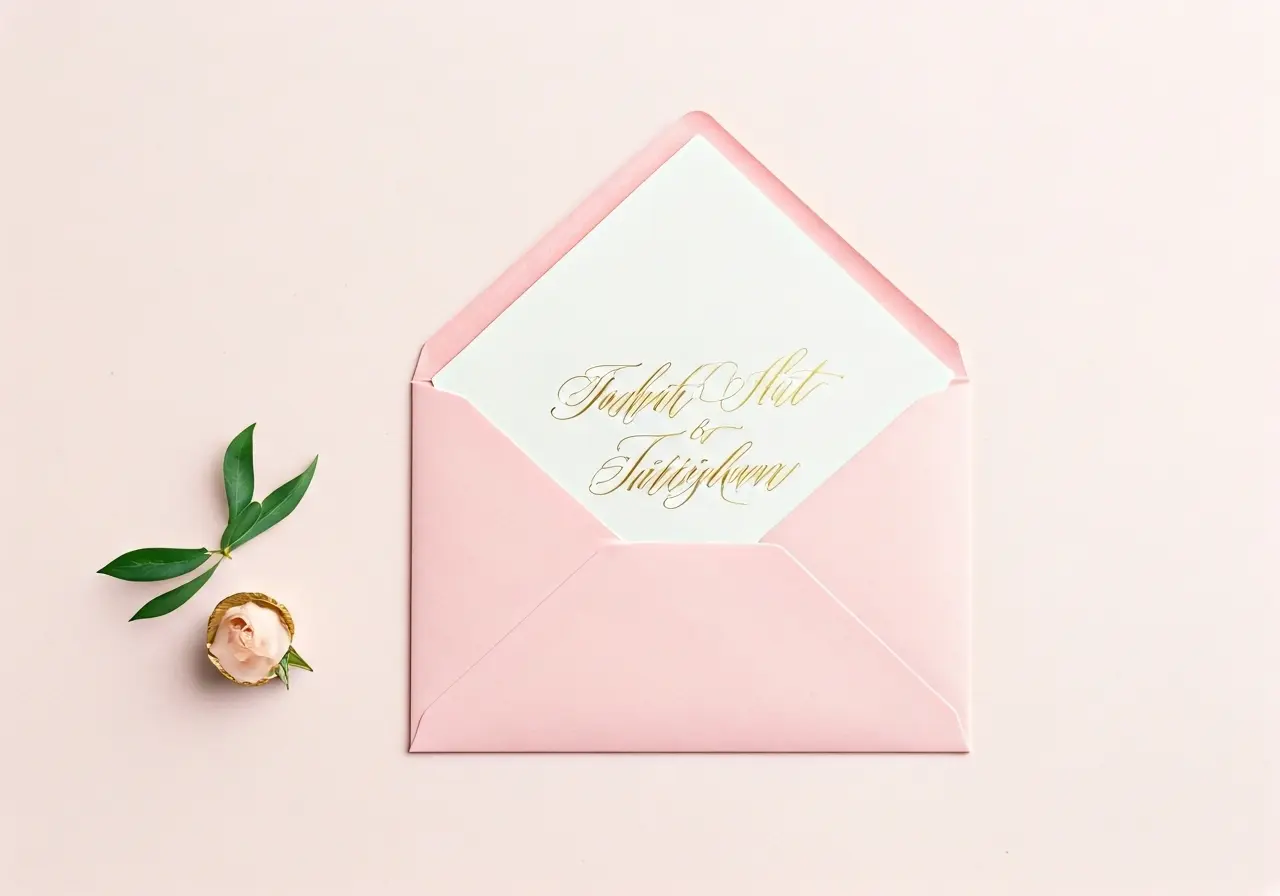 A pink envelope with gold-embossed, personalized invitation peeking out. 35mm stock photo