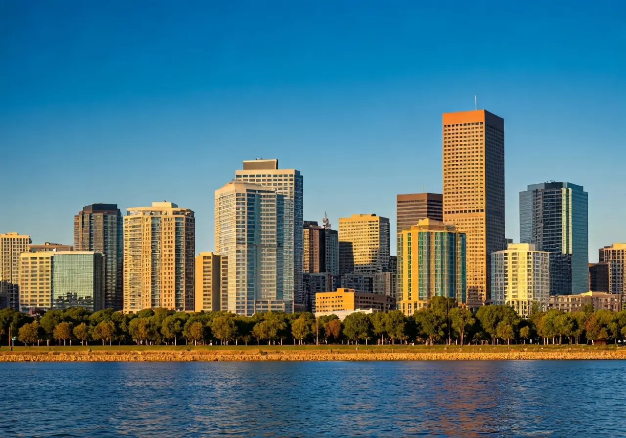 Denver skyline with a smartphone displaying a mobile app interface. 35mm stock photo