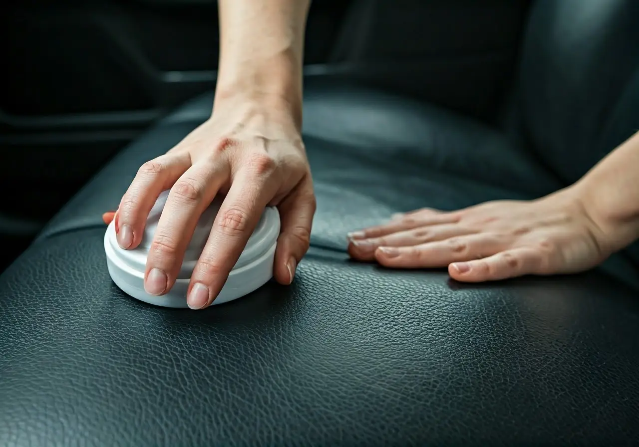 Close-up of hands applying conditioner to car leather seat. 35mm stock photo