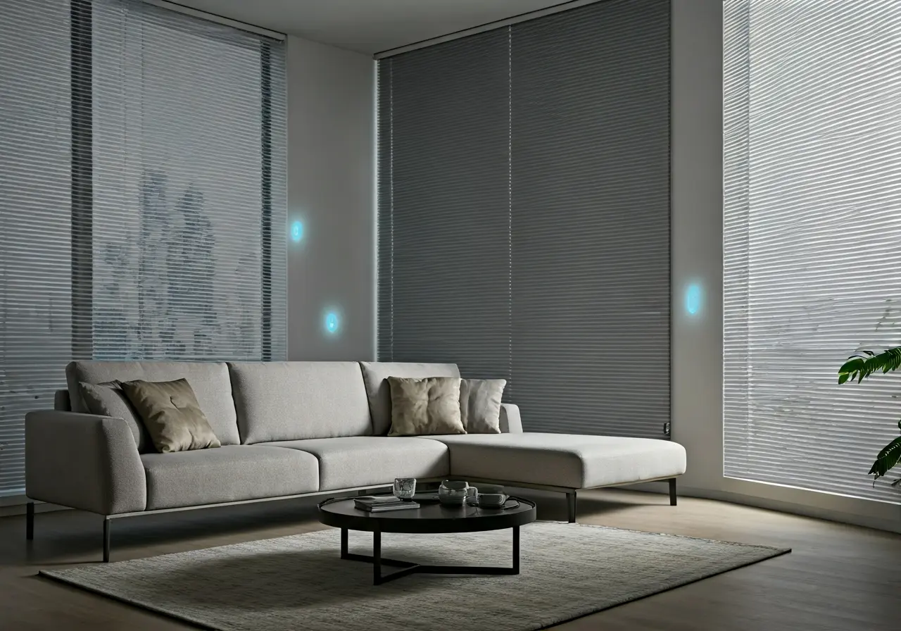 A modern living room featuring smart shades and smart lights. 35mm stock photo