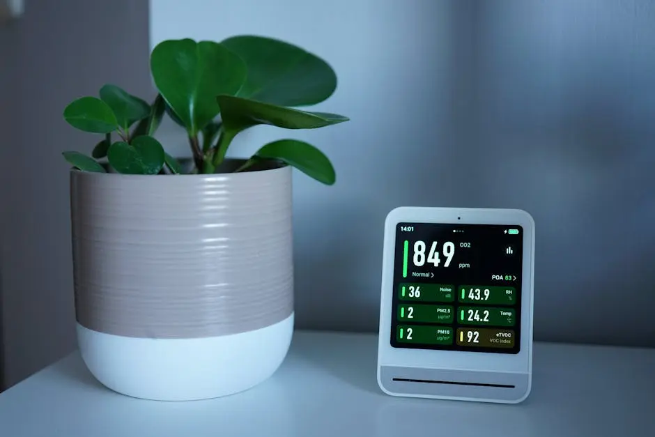 Air quality monitor next to a potted plant on a desk, showing CO2 and PM2.5 levels.