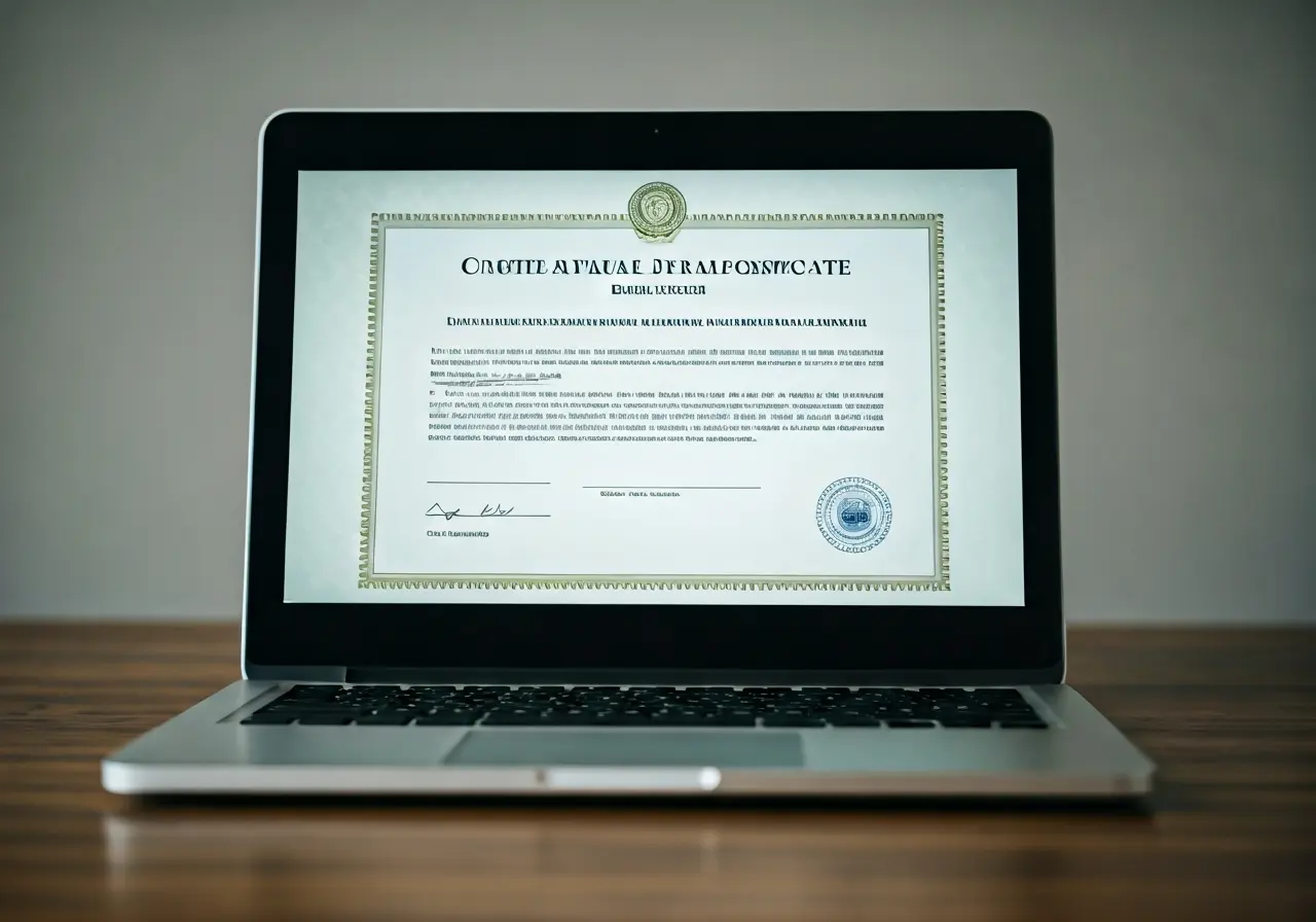 A laptop displaying a digital paralegal certificate on screen. 35mm stock photo