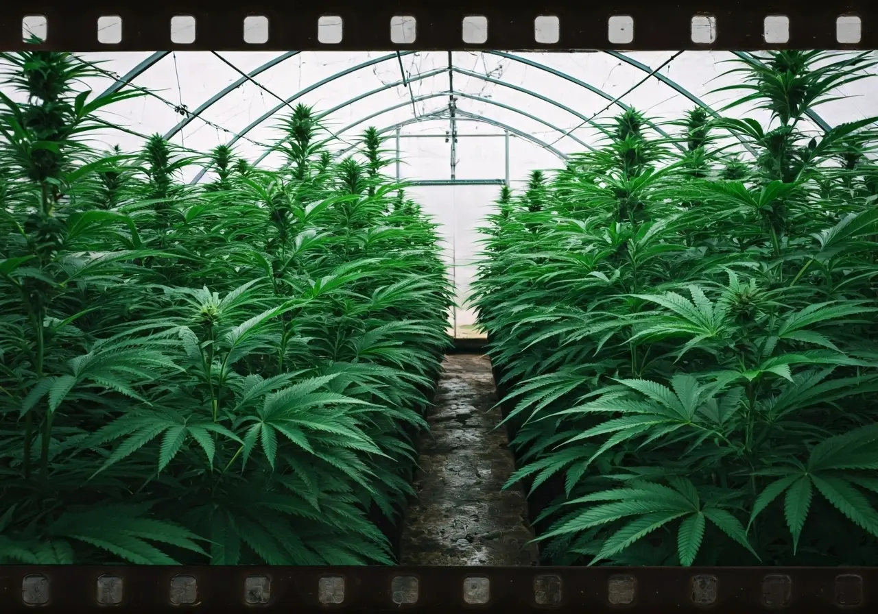 A serene greenhouse filled with flourishing cannabis plants. 35mm stock photo