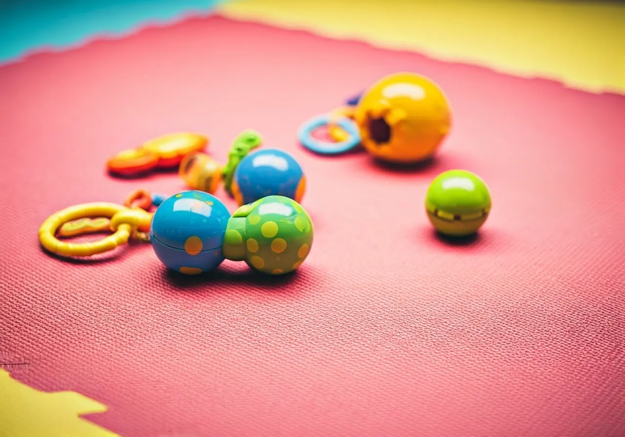 Colorful infant toys scattered on a soft play mat. 35mm stock photo