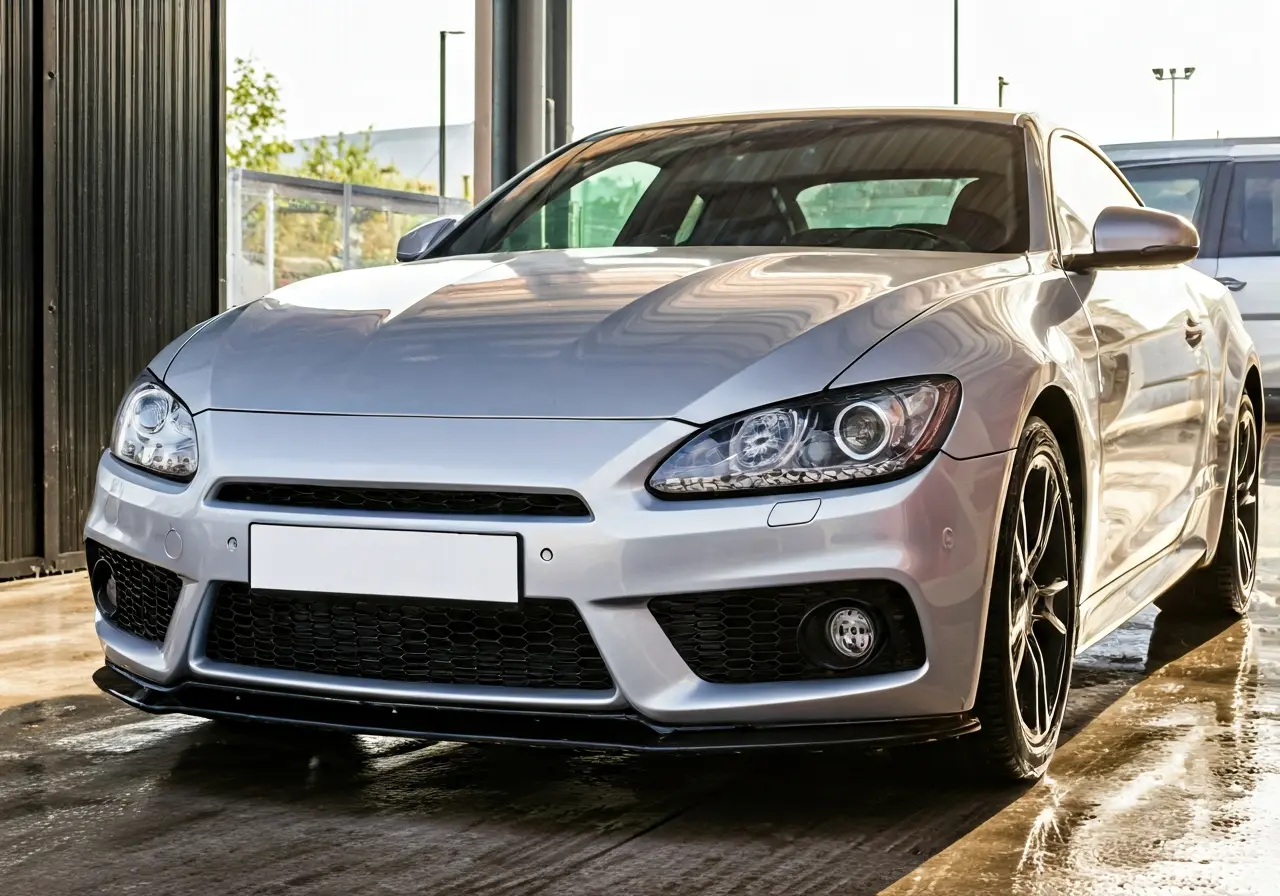 A shiny, detailed car reflecting sunlight after a specialized wash. 35mm stock photo
