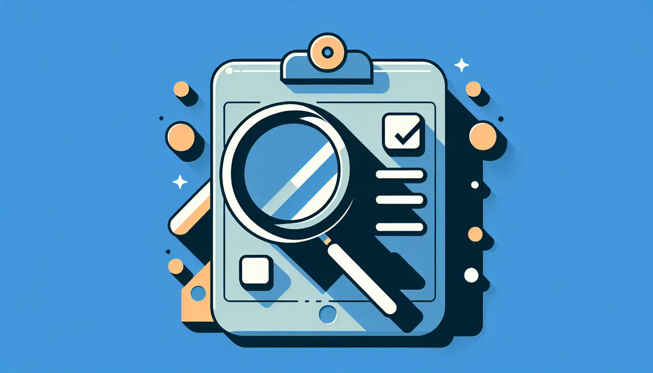 Draw a graphic in flat design style. A flat design illustration of a magnifying glass hovering over an iOS app icon, with a clipboard checklist in the background.