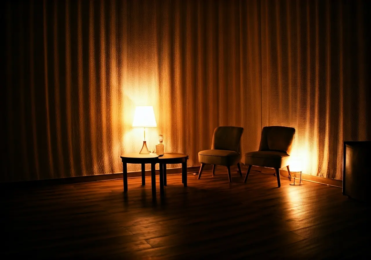 A cozy room with soft lighting and comforting decor. 35mm stock photo
