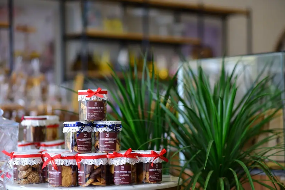 A collection of decorative cookie jars with red ribbons on a shelf inside a cozy store.