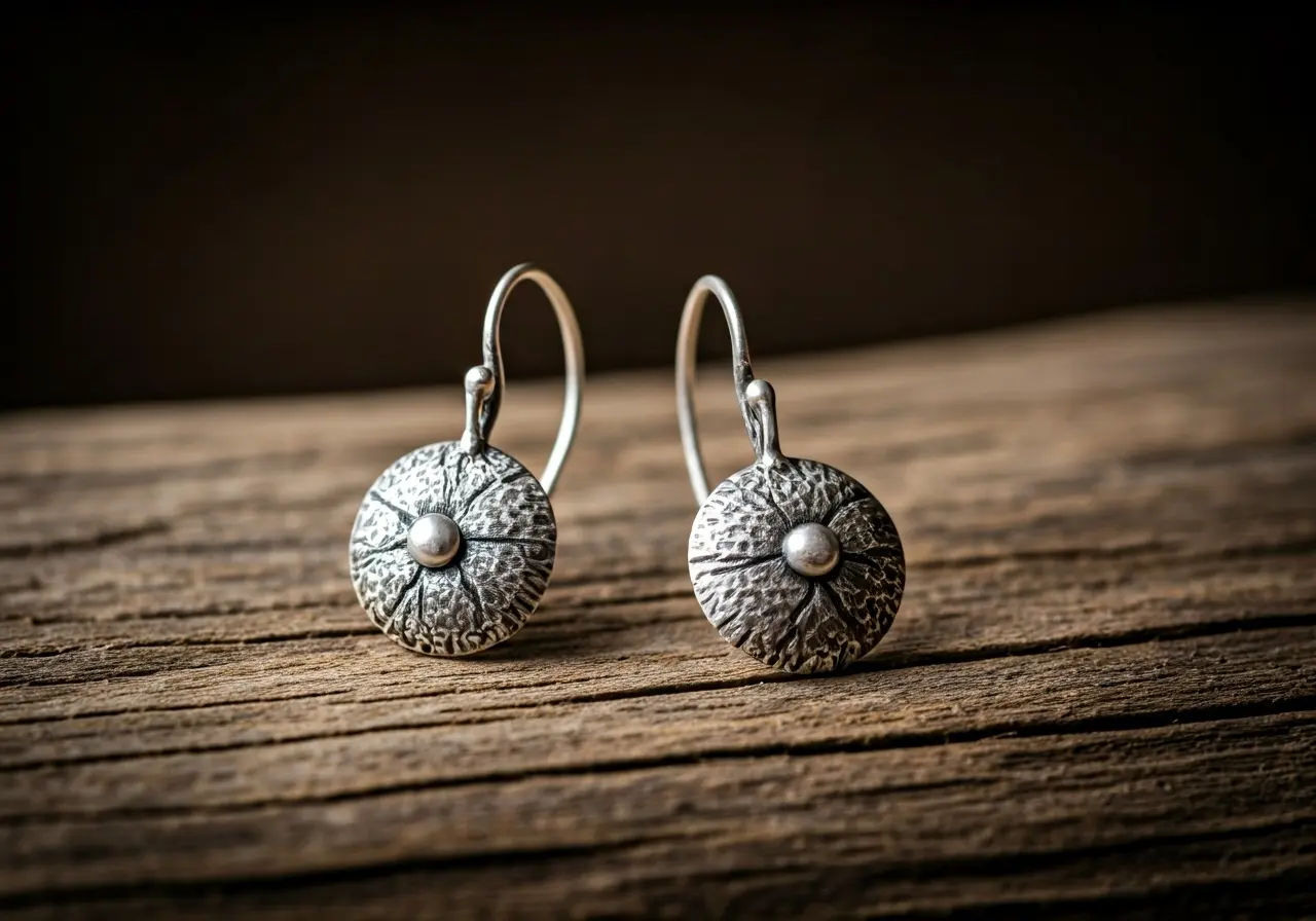 A pair of silver earrings on a rustic wooden surface. 35mm stock photo