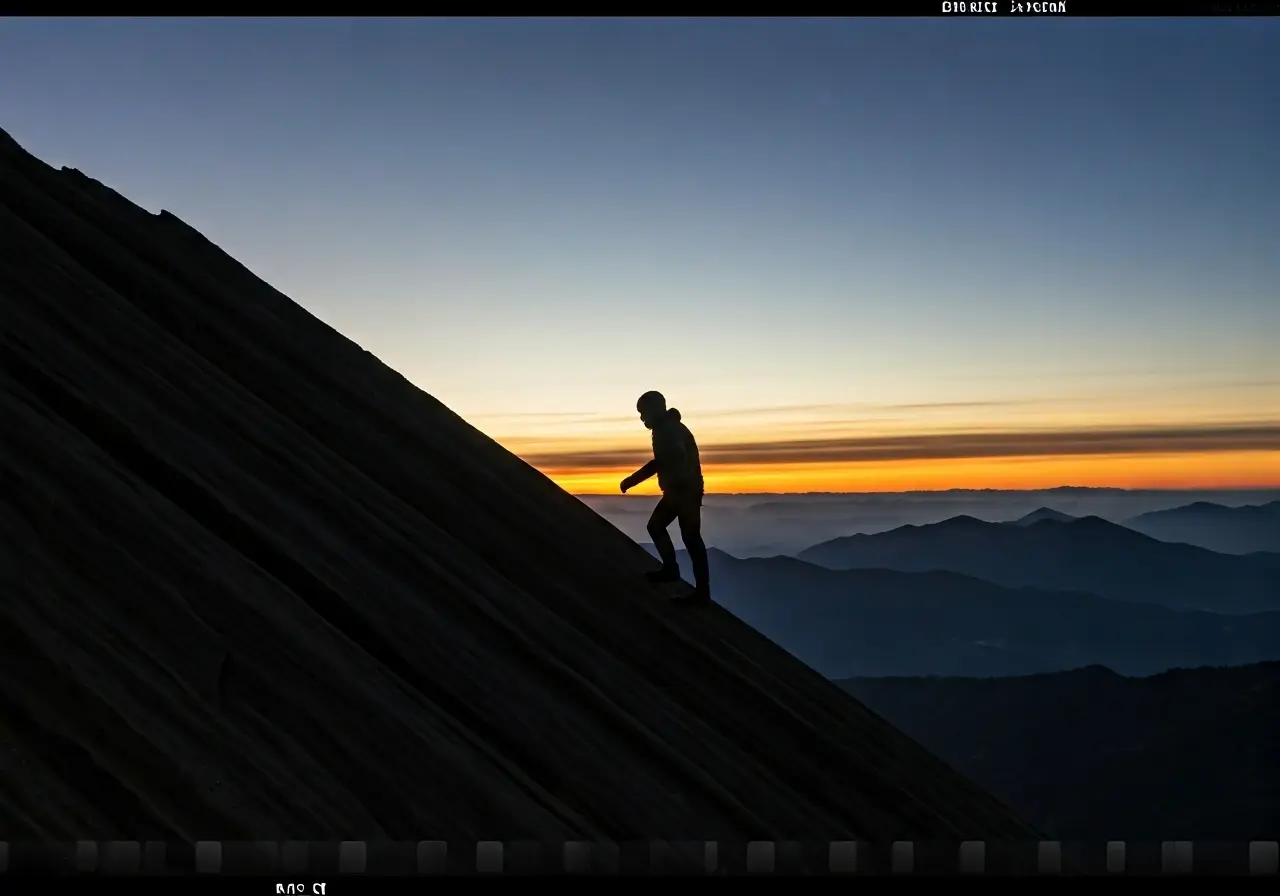 A person climbing a mountain with a sunrise background. 35mm stock photo