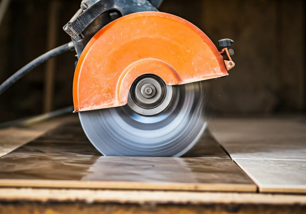 A close-up of a tile saw making precise cuts. 35mm stock photo