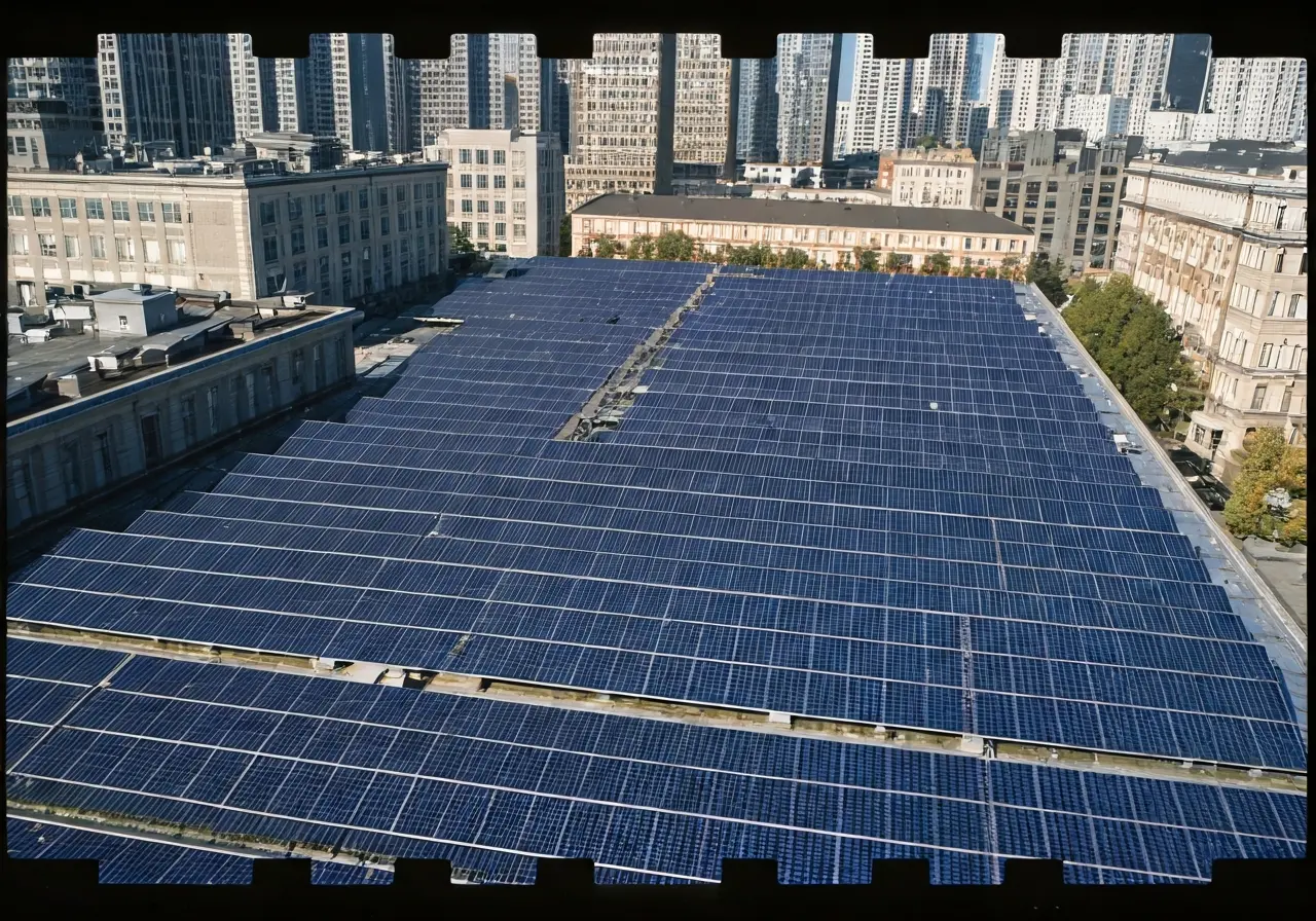 Aerial view of solar panels on rooftops in a cityscape. 35mm stock photo
