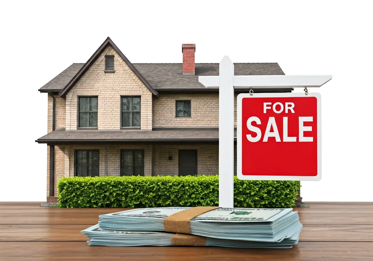 A house with a For Sale sign and cash bundle. 35mm stock photo