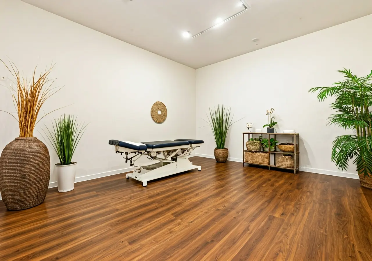 A serene chiropractic clinic with calming natural elements. 35mm stock photo