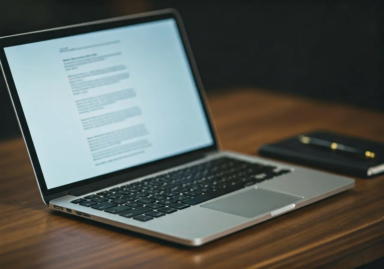 A laptop displaying legal documents on a wooden desk. 35mm stock photo