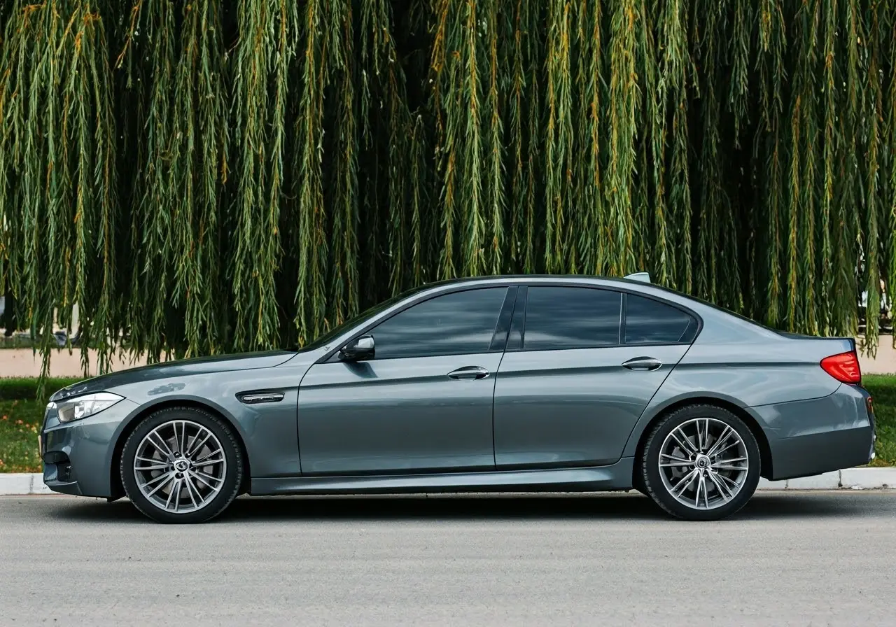 A sleek car with tinted windows parked under a tree. 35mm stock photo