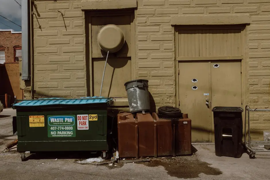Sunlit alleyway featuring trash bins and dumpsters beside a textured urban wall.