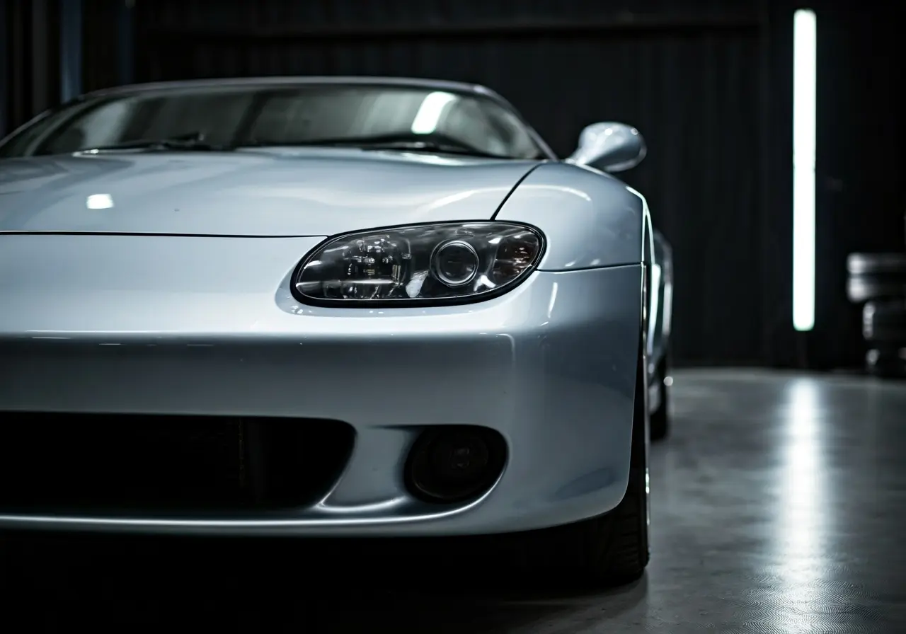 A pristine car’s reflection after expert paint correction service. 35mm stock photo
