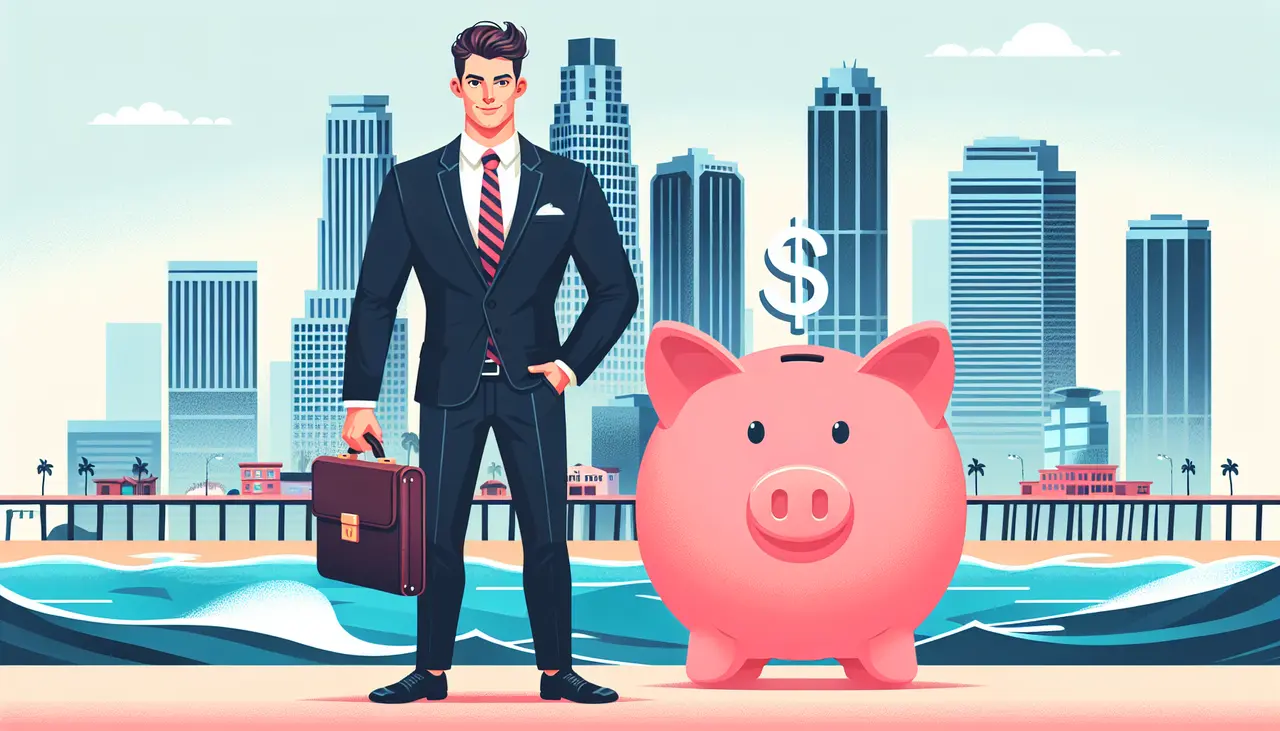 Draw a graphic in flat design style. A flat design illustration of a confident business attorney in a suit holding a briefcase, standing next to a large piggy bank with a dollar sign, against a background of Santa Monica cityscape.