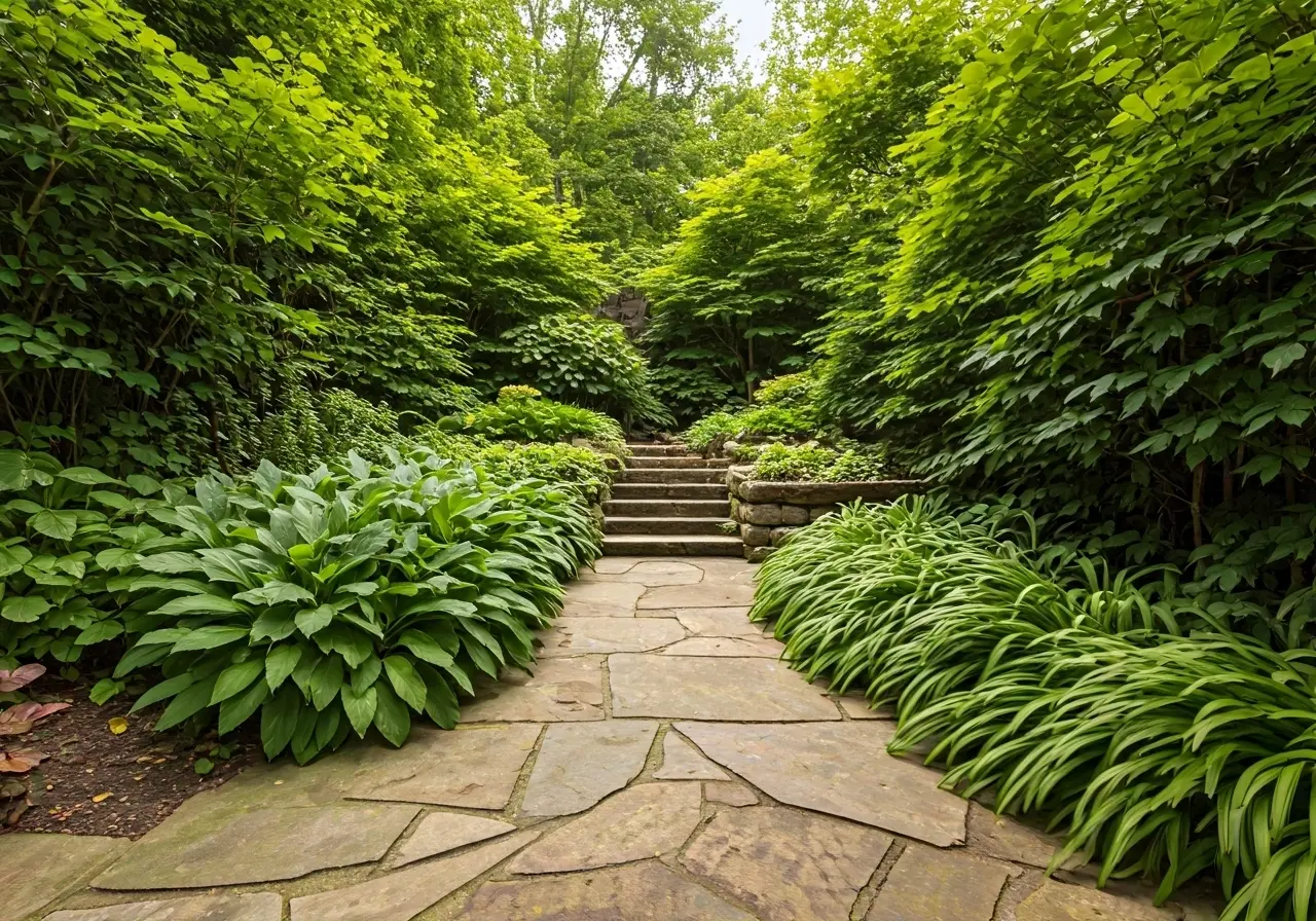 Beautiful stone patio surrounded by lush green garden foliage. 35mm stock photo