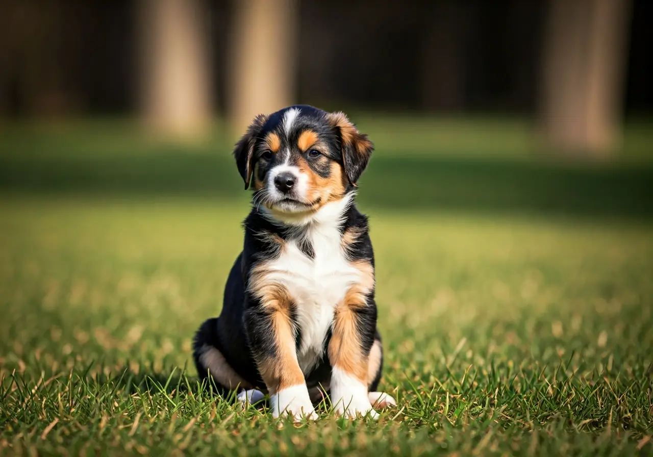 A playful puppy sitting obediently in a sunny backyard. 35mm stock photo