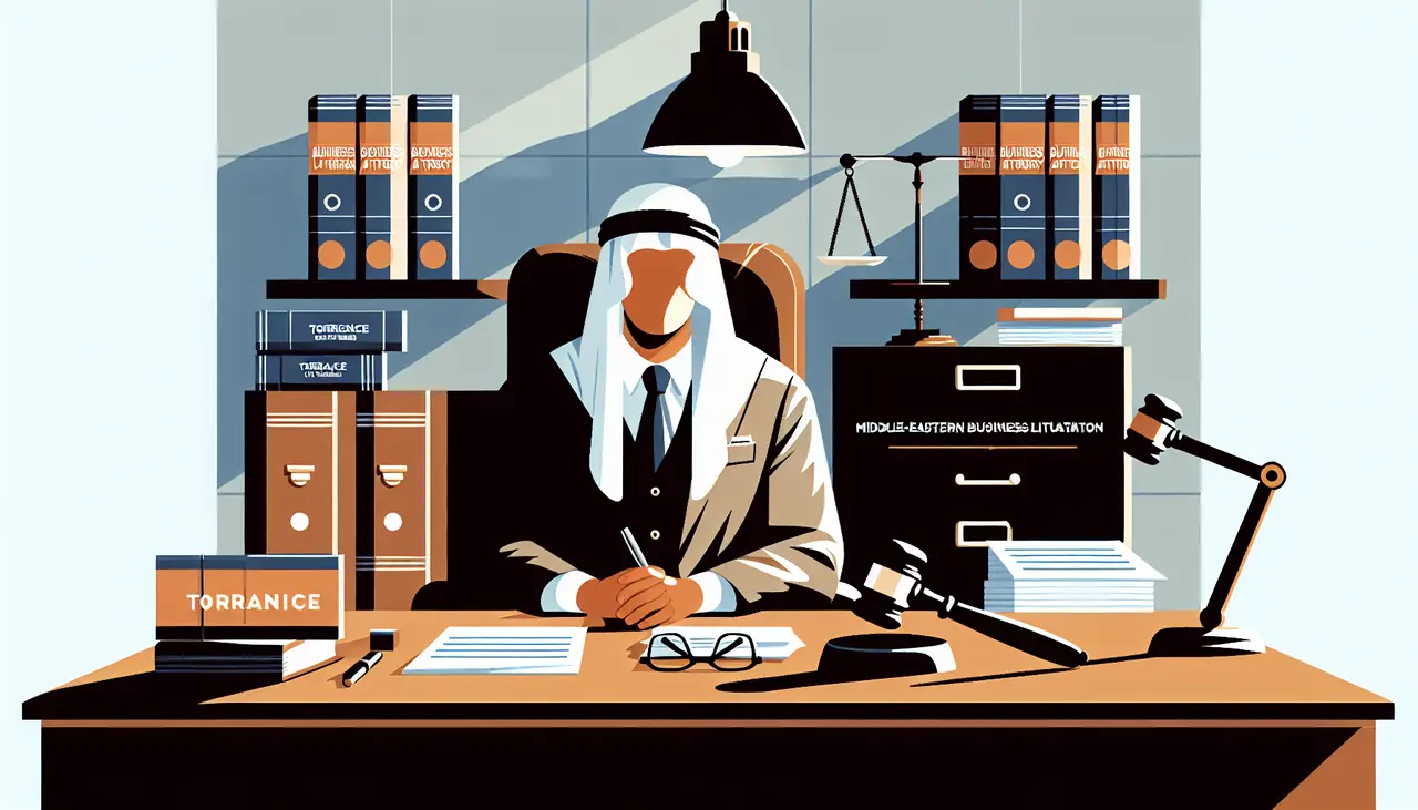 Draw a graphic in flat design style. A Flat Design image of a business litigation attorney at a desk in a Torrance office, with legal documents and a gavel.