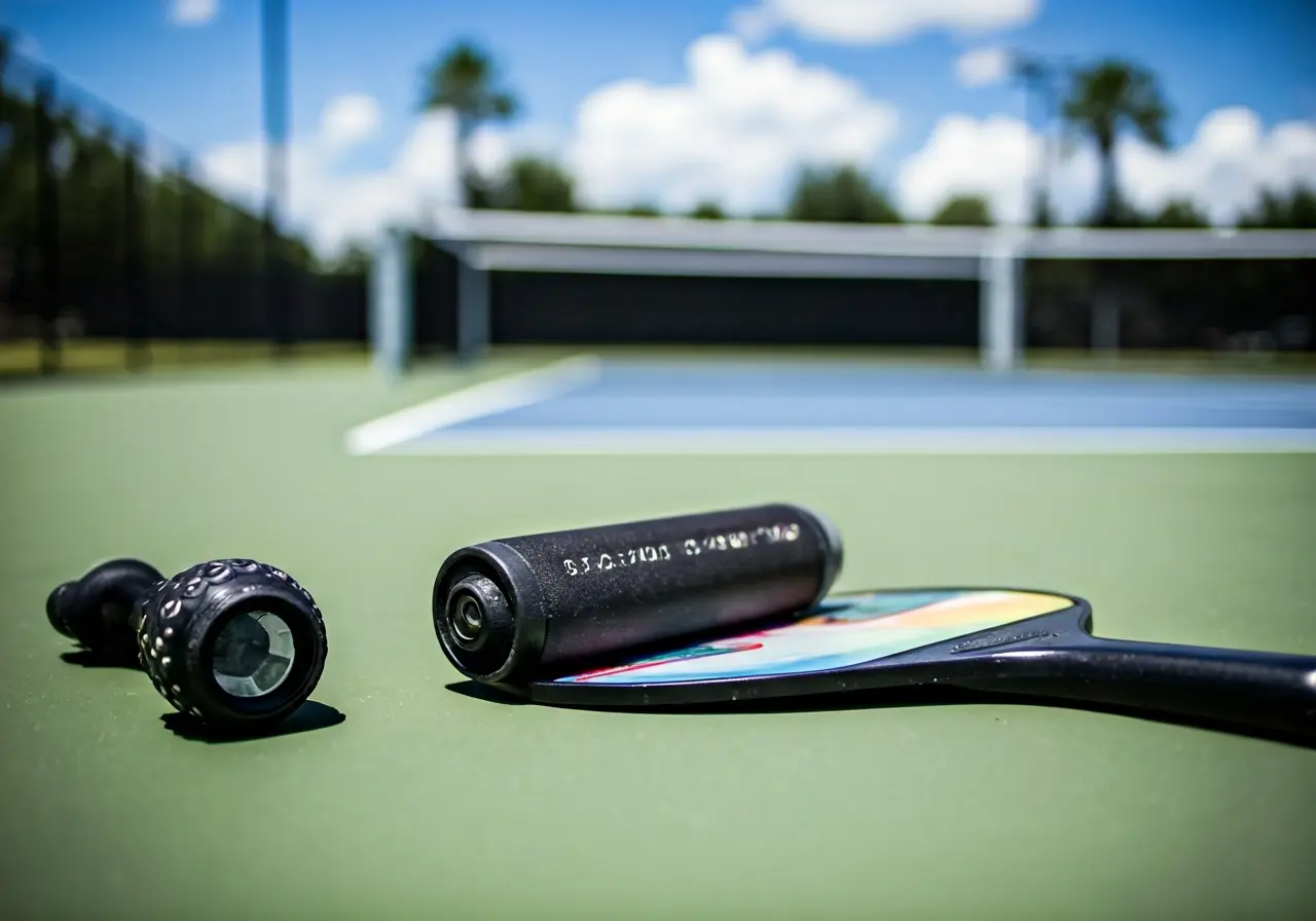 A pickleball court with chiropractic tools in the foreground. 35mm stock photo