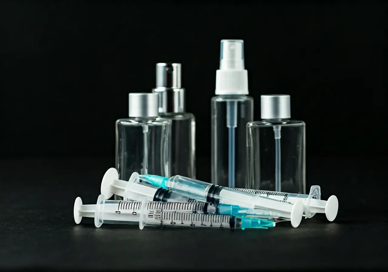 A collection of various syringes and cosmetic bottles. 35mm stock photo