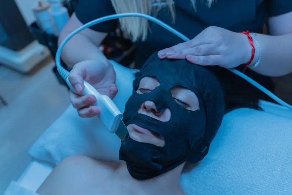 Person receiving a facial treatment with a black charcoal mask in a spa setting.