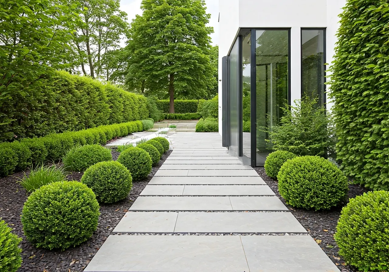 A modern egress door opening to a beautifully landscaped garden. 35mm stock photo