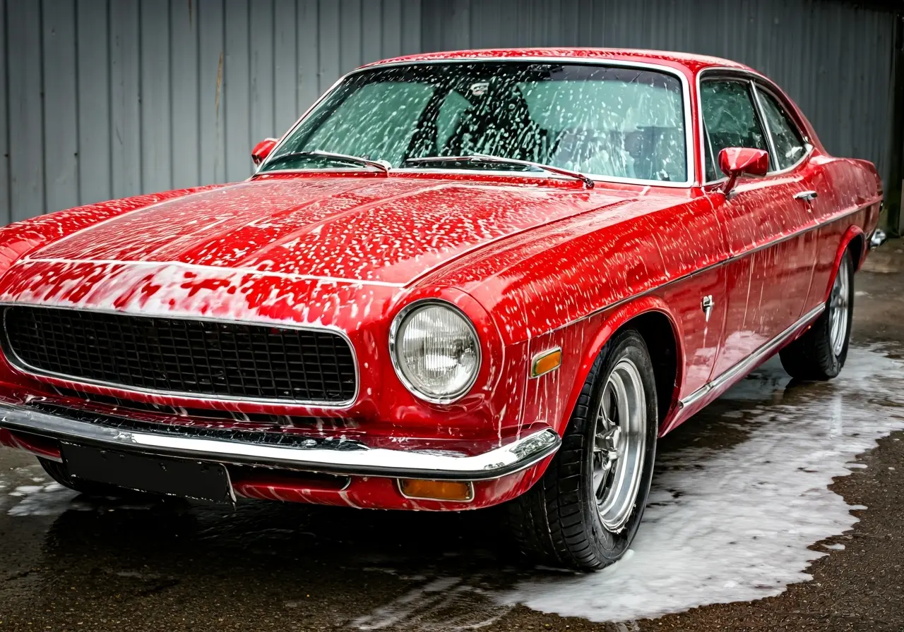 A shiny red car being hand-washed with soapy water. 35mm stock photo