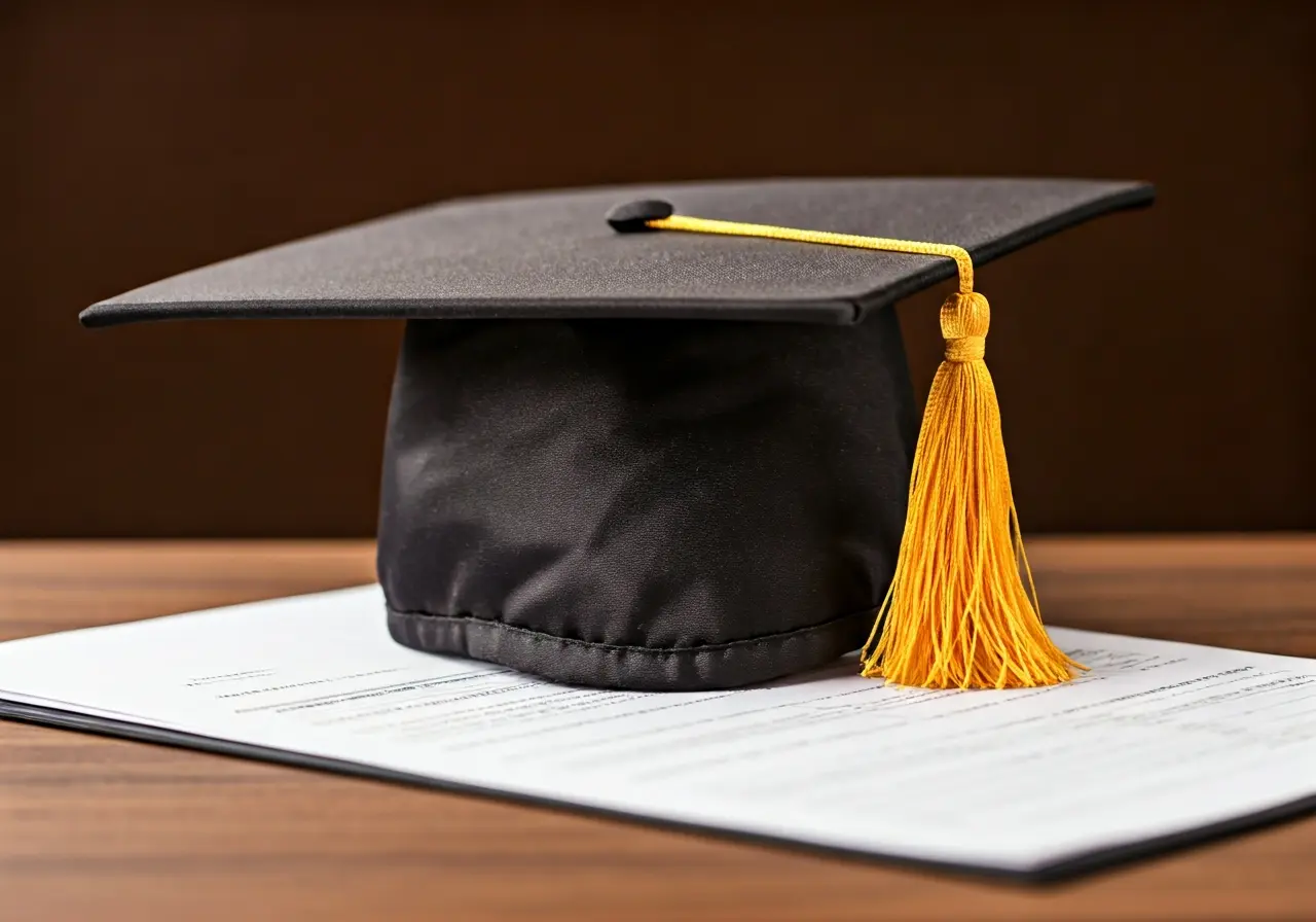 A university graduation cap resting on a business report. 35mm stock photo
