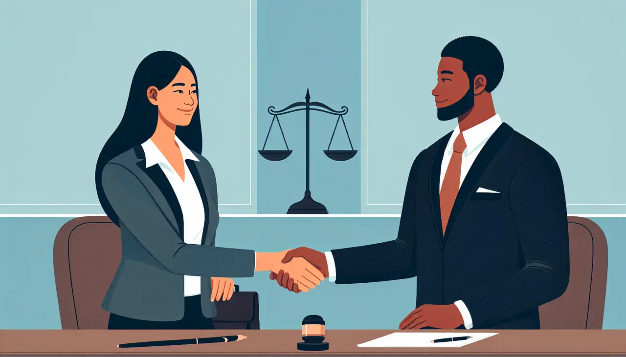 Draw a graphic in flat design style. A neatly designed flat style image of a confident business person shaking hands with a business litigation attorney in an office setting, with scales of justice subtly displayed in the background.