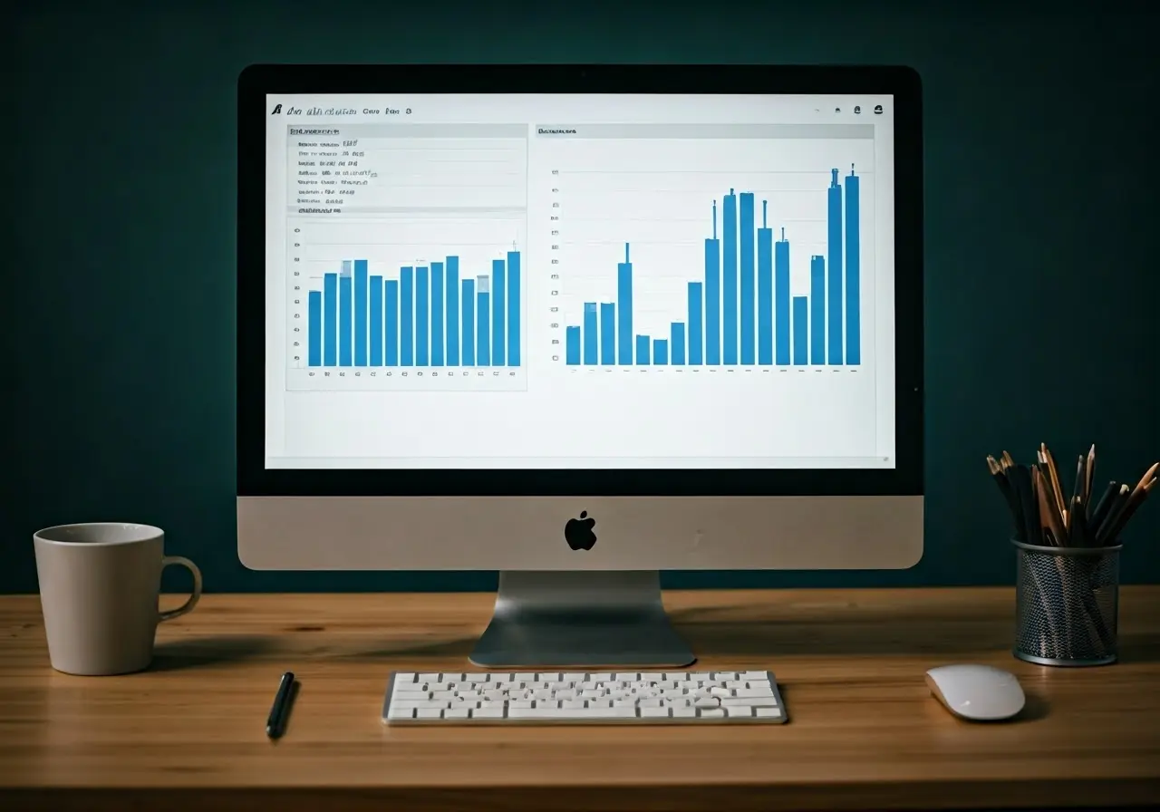 A/B test charts on a computer screen in an office. 35mm stock photo