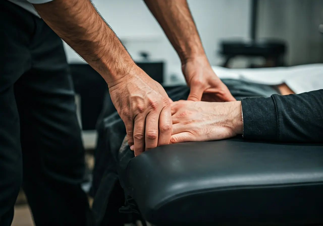 A chiropractor&rsquo;s hands adjusting a patient&rsquo;s spine. 35mm stock photo