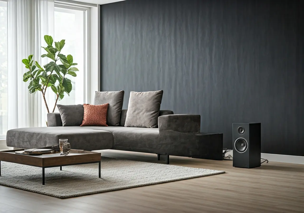 Modern living room featuring sleek wireless rear speakers setup. 35mm stock photo