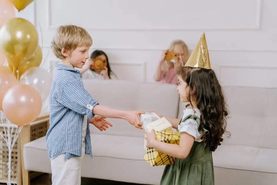 Children celebrating indoors with gifts, balloons, and party hats for a joyful birthday gathering.