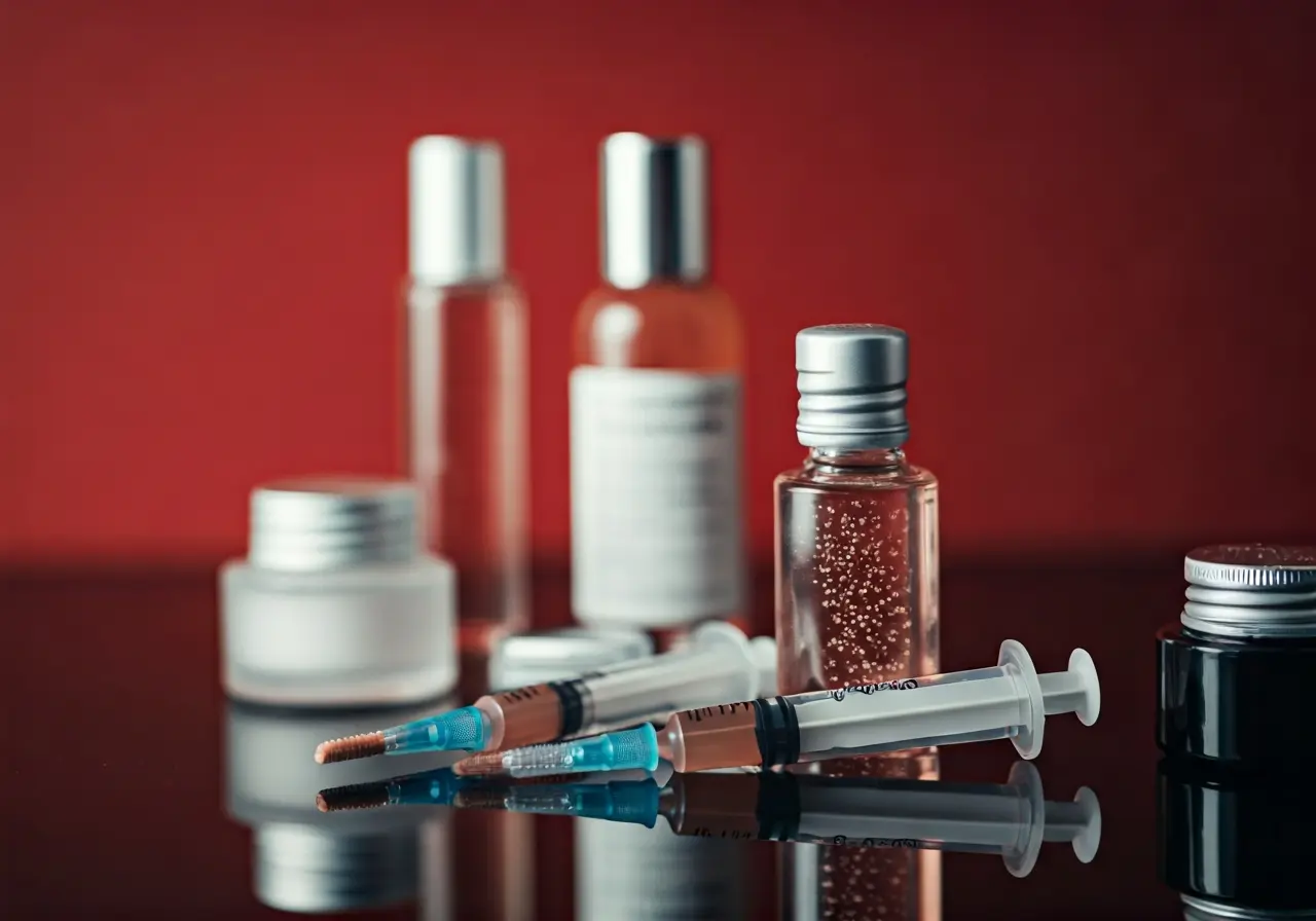 A close-up of lip filler syringes and cosmetic bottles. 35mm stock photo