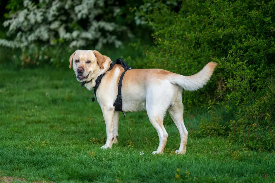 Labrador Retriever with a harness standing on lush green grass in a park.