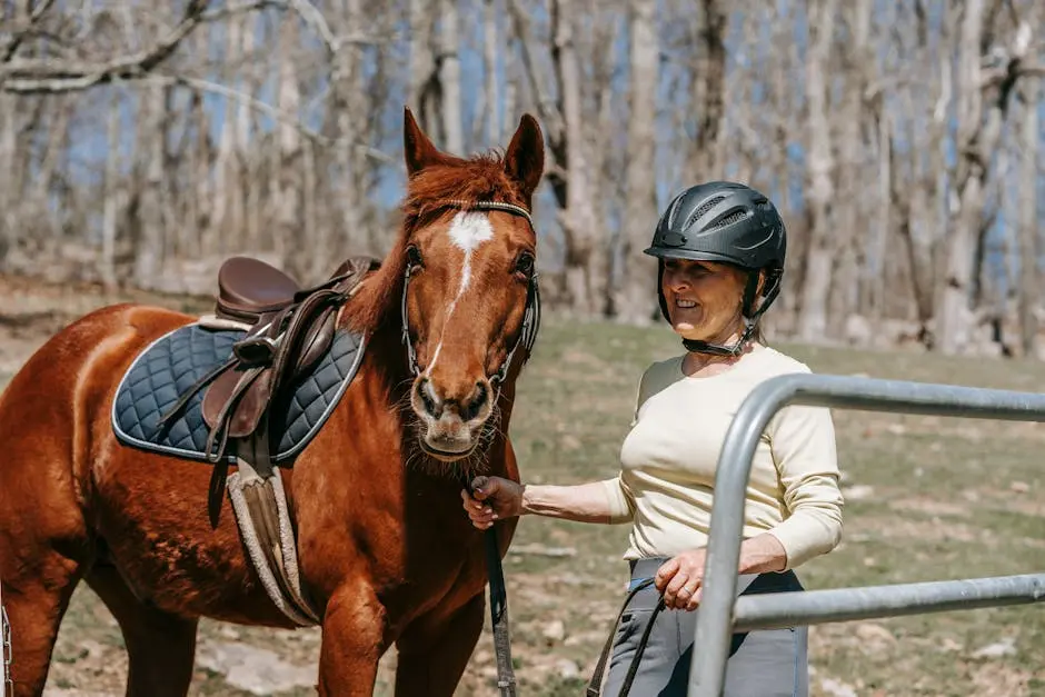 A woman in a helmet stands next to her horse, ready for an outdoor horseback riding adventure.