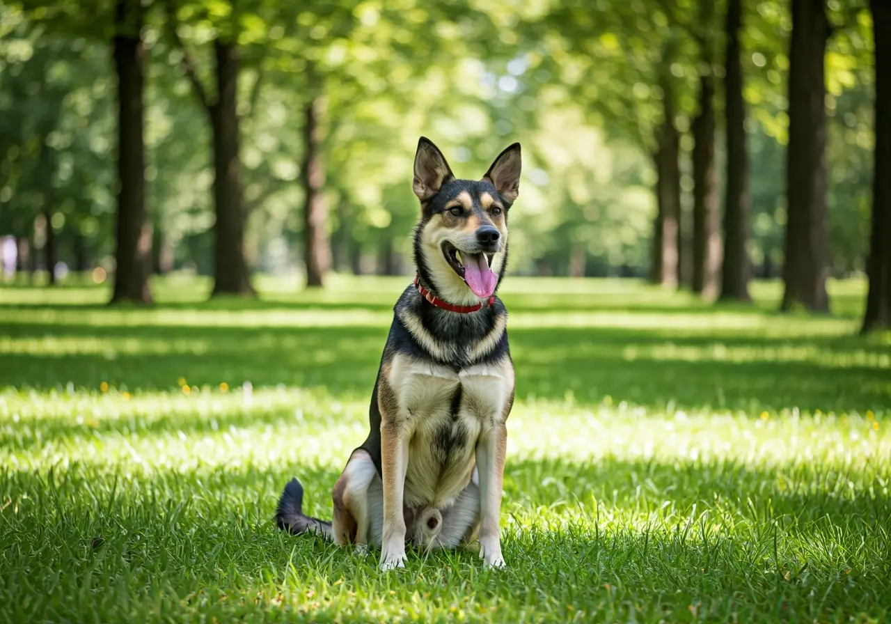A happy dog sitting obediently in a green park. 35mm stock photo