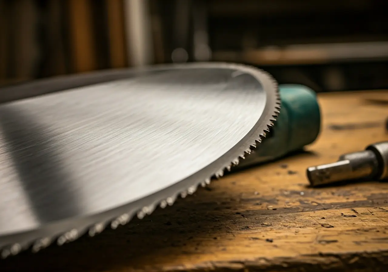 Close-up of a shiny advanced saw blade on a workbench. 35mm stock photo