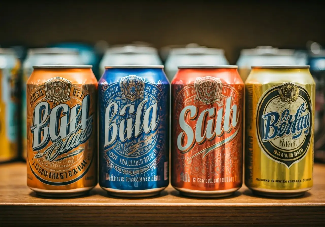A selection of colorful non-alcoholic beer cans on display. 35mm stock photo