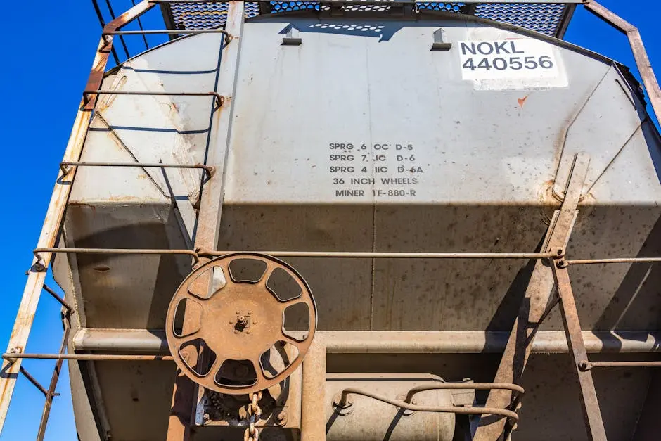 Closeup of rusty industrial train machinery with metal ladder on a sunny day.