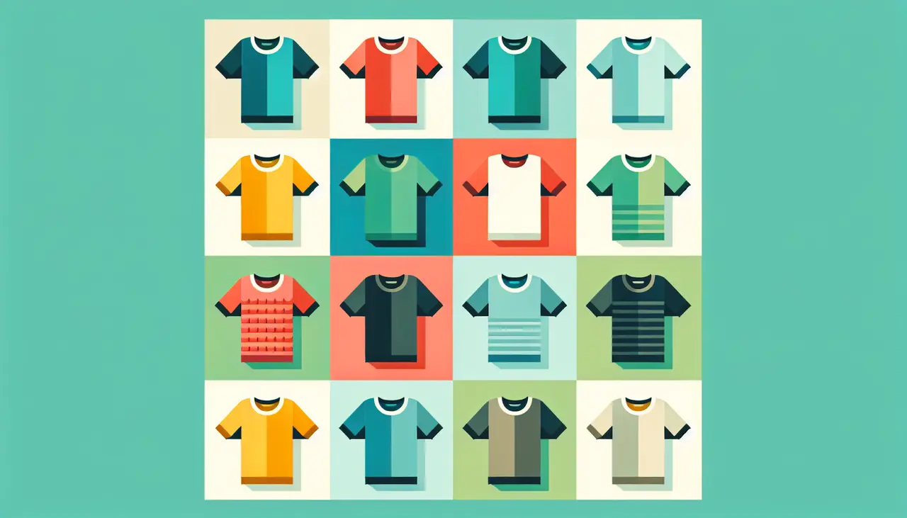 Draw a graphic in flat design style. A minimalist flat design showing a selection of twelve colorful, eco-friendly men’s t-shirts neatly arranged in a grid pattern against a soft green background.