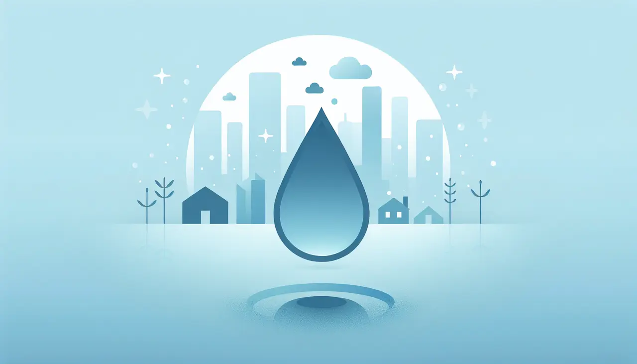 Draw a graphic in flat design style. An illustration of a serene water droplet with a soft blue background, symbolizing water cremation, alongside a simple Houston skyline outline.