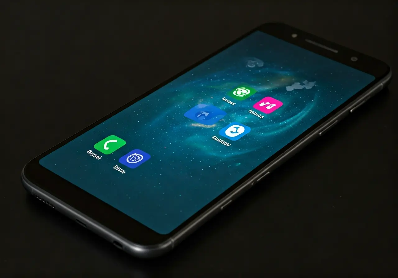 Smartphone with app icons displaying key features on-screen. 35mm stock photo